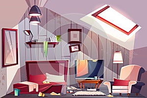 Messy garret bedroom cartoon vector illustration photo