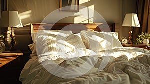 A messy bed in a bedroom with sunlight coming in through the window. AIG51A