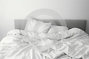 Messy Bed Concept With White Bedding Sheets And Pillow