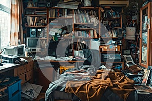 Messy bedroom with bed and lots of clutter. Generative AI