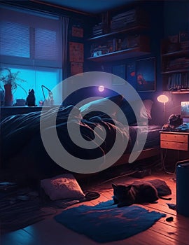 messy bedroom at night with black cat illustration