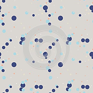 Messy blue, orange, white circles on gray background. Round seamless pattern, overlay circles. Dotted texture.