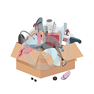 Messy box with useless broken things. Vector illustration photo