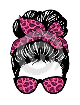 Messy bun, Girl with messy bun and glasses, purple Leopard bandana photo