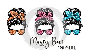 Messy bun, Girl with messy bun and glasses, purple Leopard bandana