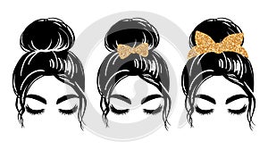 Messy bun with golden glitter bandana or headwrap and hair bow. Vector woman silhouette. Beautiful girl drawing