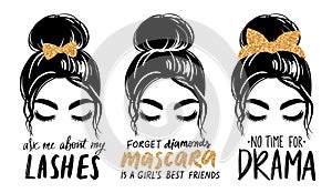 Messy bun with golden glitter bandana or headwrap and hair bow. Vector woman silhouette. Fashion quotes about mascara