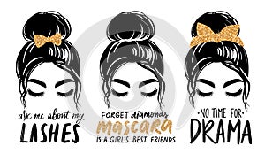 Messy bun with golden glitter bandana or headwrap and hair bow. Vector woman silhouette. Fashion quotes about mascara photo