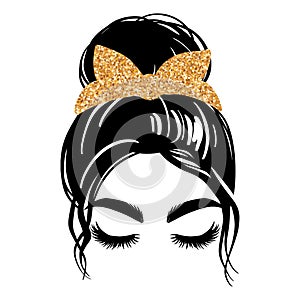 Messy bun with golden glitter bandana or headwrap. Vector woman silhouette. Beautiful girl drawing illustration. Female photo