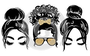Messy bun with golden glitter hair bow and aviator glasses. Vector woman silhouette. Female hairstyle. Long black lashes
