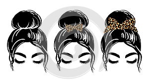 Messy bun with leopard bandana or headwrap and hair bow. Vector woman silhouette. Beautiful girl drawing illustration.