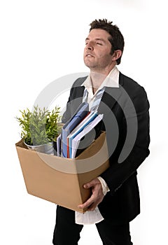 Messy Business Man with cardboard box Fired from Job