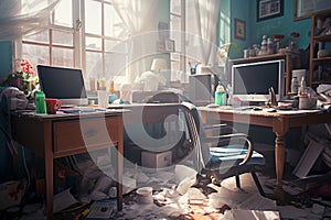 Messy business office desk with big mess in office room. Table cleaning day