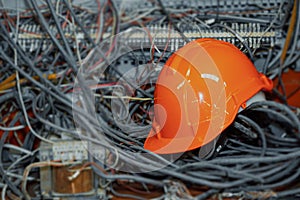 Messy cables electricity and communication lines with engineer worker hardhat safety helmet