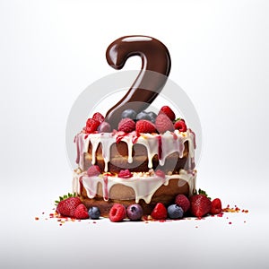 Messy Cake With Number Two And Berries On White Background photo