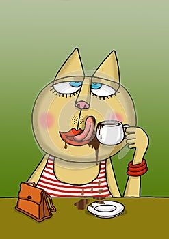 Messy cat is drinking coffee with her tongue