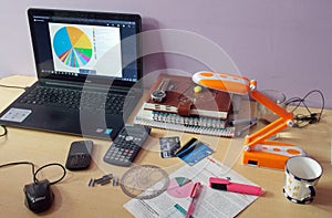 Messy chaos office desk planning annual financial budget calculator mobile credit cards