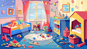 A messy child's room interior with an unmade bed and toys scattering on the carpet. A messy apartment interior with