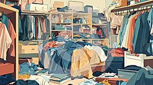 Messy Closet. Disorder And Clutter In Wardrobe With Scattered Clothes. Home Organization Concept