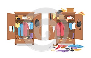 Messy clothes in wardrobe. Garments before, after organization in wooden closet, organized and thrown clothing shoes and