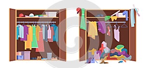 Messy clothes wardrobe. Modern interior storage with opening and closed organized wardrobe vector set photo