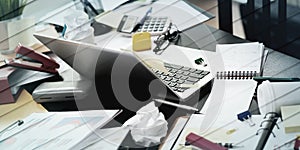 Messy and cluttered desk, geometric pattern