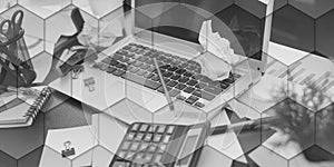 Messy and cluttered desk, geometric pattern