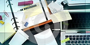 Messy and cluttered desk, geometric pattern