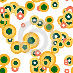 Messy colorful dots on white background.  Festive seamless pattern with circles, round shapes.