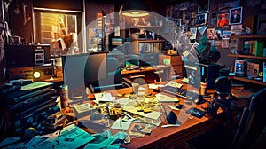 Messy desk with computer monitor and keyboard. Generative AI
