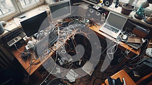A Messy Desk With Electronics and Cables