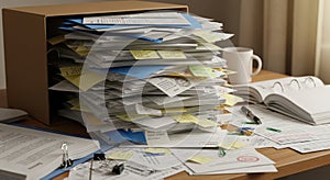 Messy desk with papers and documents, office workspace
