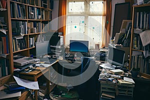 A messy desk with various items scattered around, featuring a computer as the central focus, Organised chaos of a shared home