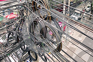 Messy electrical cables in Bangkok city - Optical fiber technology