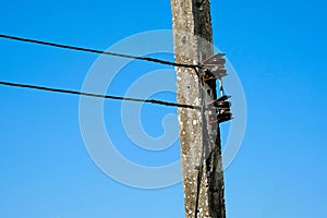 Messy electrical cables in thailand - many lines of cables chaotic set of interwoven, optical fiber technology open air outdoors