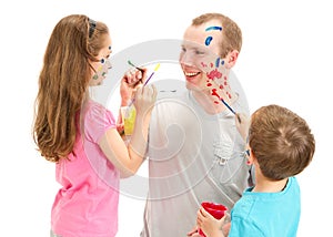 Messy face painting man and kids