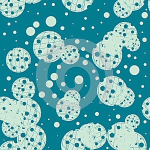 Messy green on blue holey grunge dot seamless pattern. Randomly dotted background.