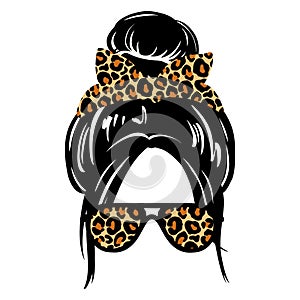 Messy hair bun, aviator glasses, bandana or headwrap with leopard print. Vector woman silhouette. Female hairstyle. photo