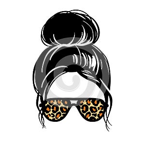 Messy hair bun, aviator glasses with leopard print. Vector woman silhouette. Female hairstyle.