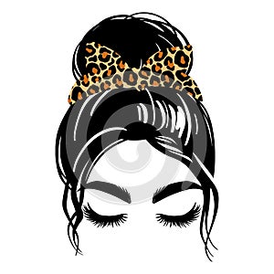 Messy hair bun with leopard bandana or headwrap, vector woman silhouette. Beautiful girl drawing illustration. Female