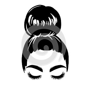 Messy hair bun, vector woman silhouette. Beautiful girl drawing illustration. Female hairstyle.