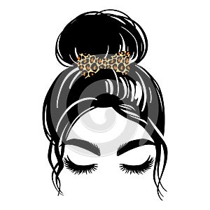 Messy hair bun, vector woman silhouette. Beautiful girl drawing illustration. Female hairstyle. Hair bow with leopard