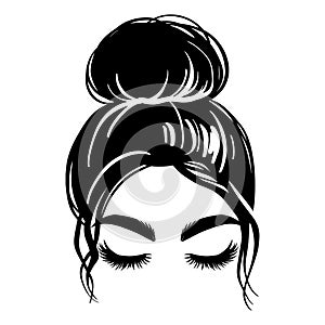 Messy hair bun, vector woman silhouette. Beautiful girl drawing illustration. Female hairstyle. photo