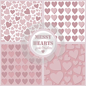 Messy hearts pink and white love valentines day romantic seamless pattern set