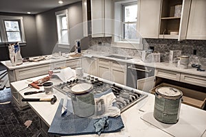 Messy home kitchen during remodeling fixer upper with kitchen cabinet doors