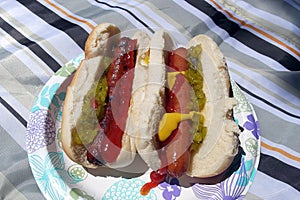 Messy hotdog / hot dog on buns with relish, ketchup and mustard