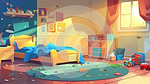 A messy kid's room with an unmade bed, toys scattered on the carpet and furniture for play, Cartoon modern