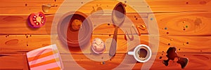 Messy kitchen cook table top view vector cartoon