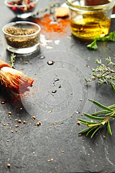 Messy Kitchen Table with Herbs and Spices
