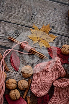 Messy knitter`s table, autumn stuff all around